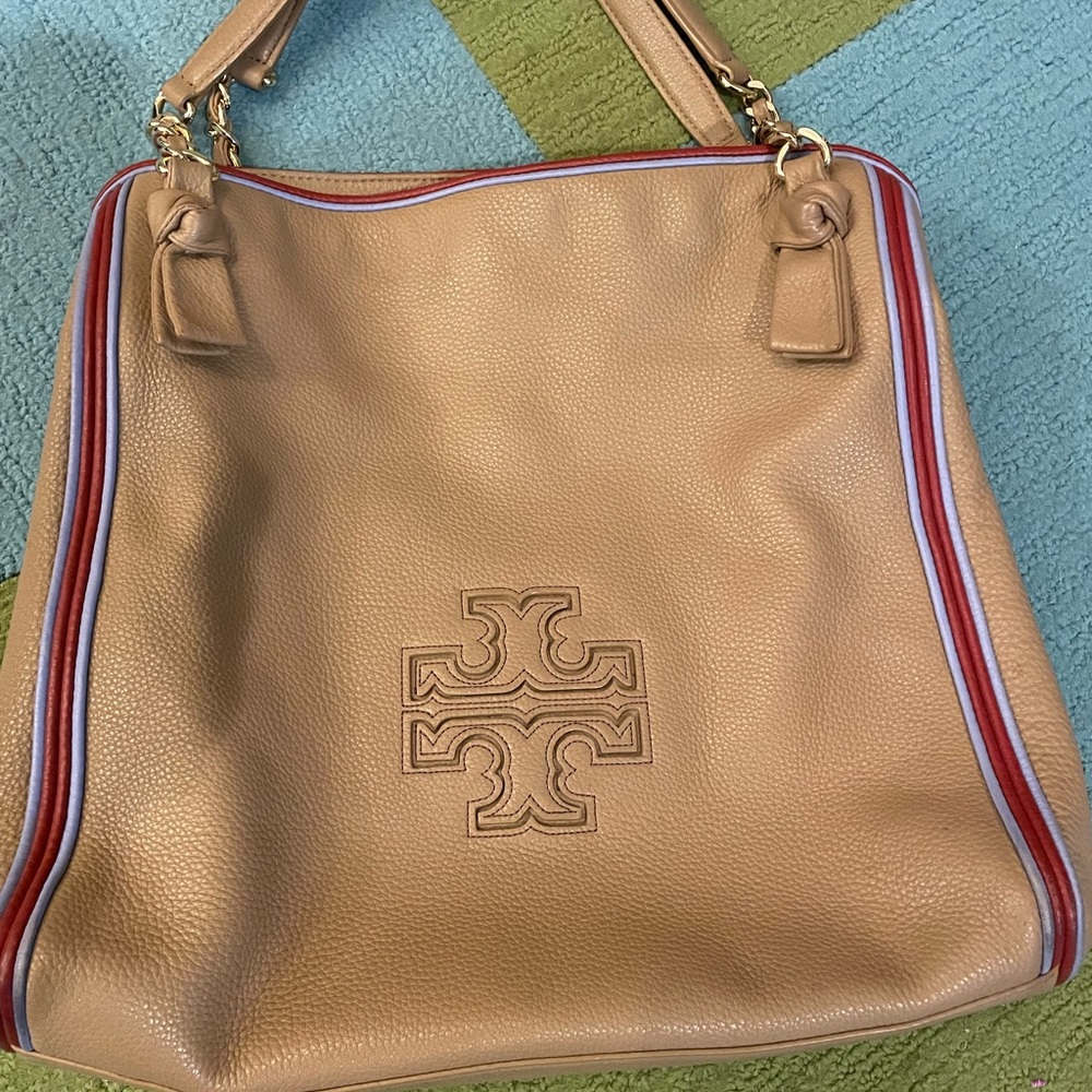 Tory Burch Tan Shoulder Bag with Red and White Accents